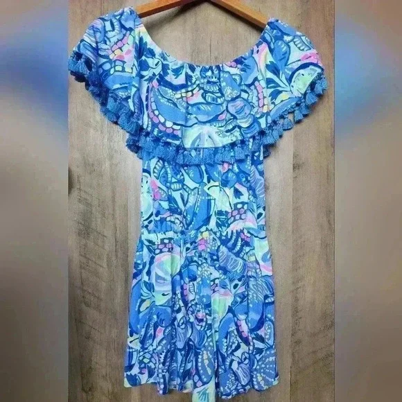 Lilly Pulitzer La Fortuna Blue Peri Pinch Romper Womens Off The Shoulder Sz 2XS - Picture 8 of 11
